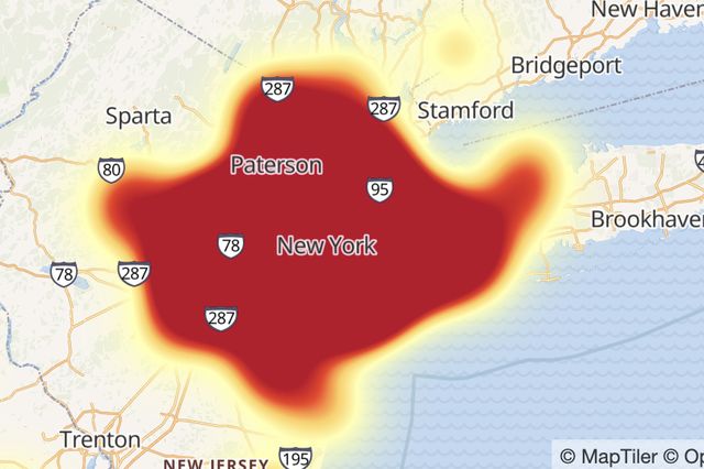 A heat map indicating the widespread Verizon outage